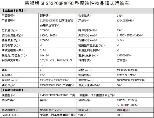 SLS5320GFWC5Q型解放前四后八腐蚀性物品罐式运输车技术参数 SLS5320GFWC5Q型解放前四后八腐蚀性物品罐式运输车技术参数
